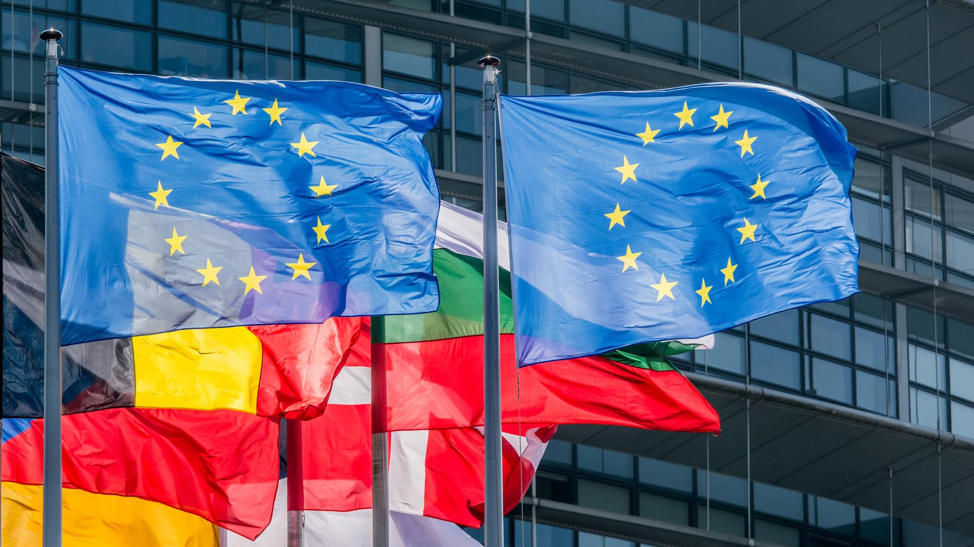 Banderas de la unión europea y de algunos de los países pertenecientes a la zona schengen 