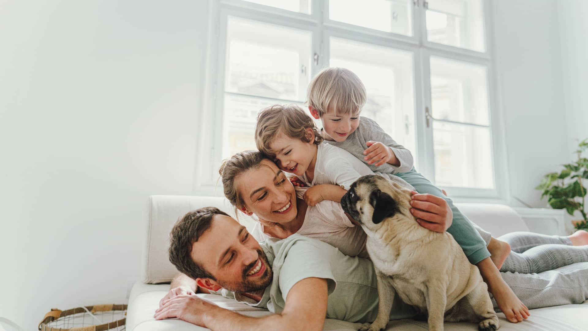 Familia alegre en su casa con su mascota y con seguro de hogar platino de mapfre